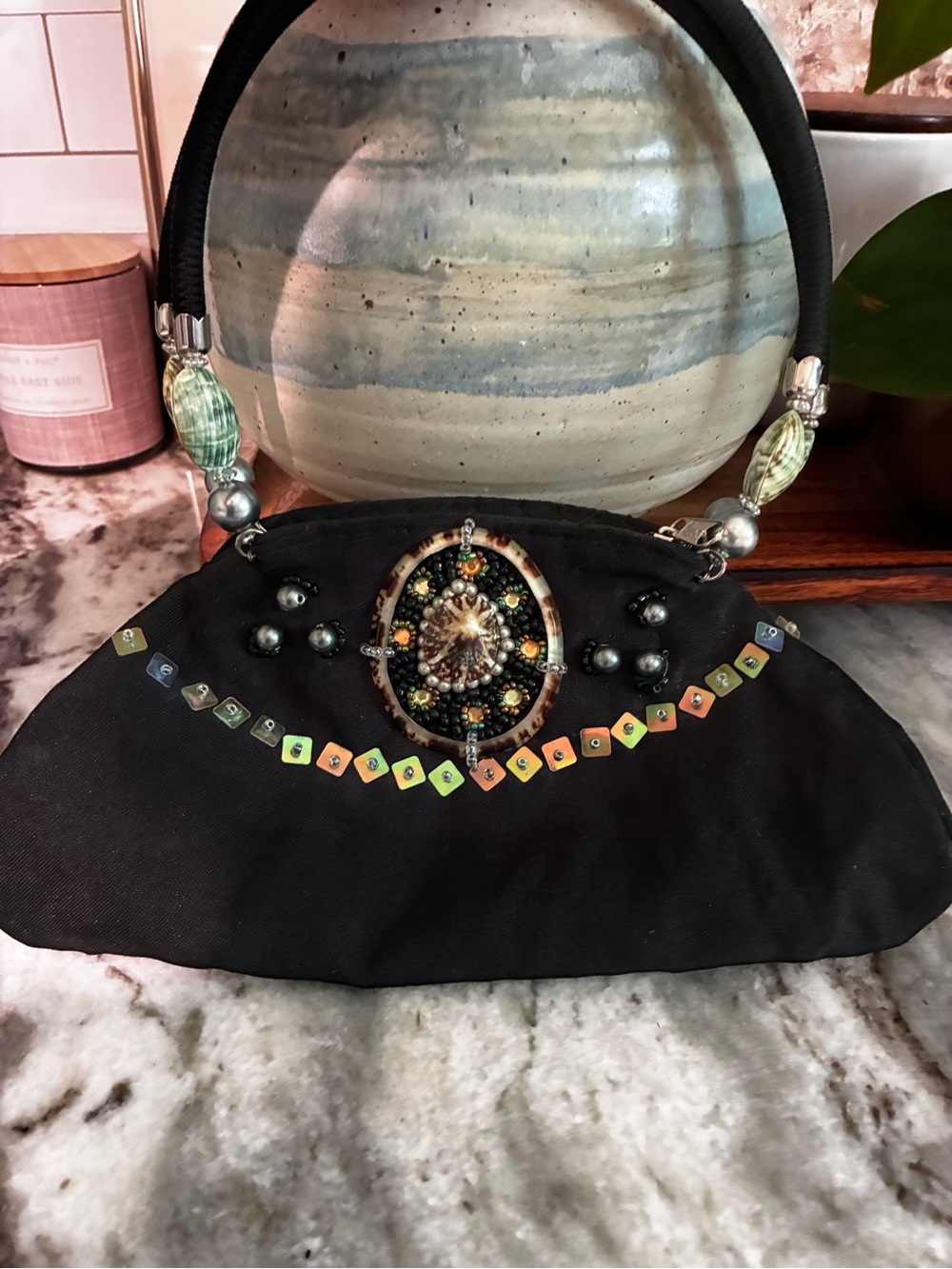 Vintage Embellished Black Beaded Handbag shells on handle
